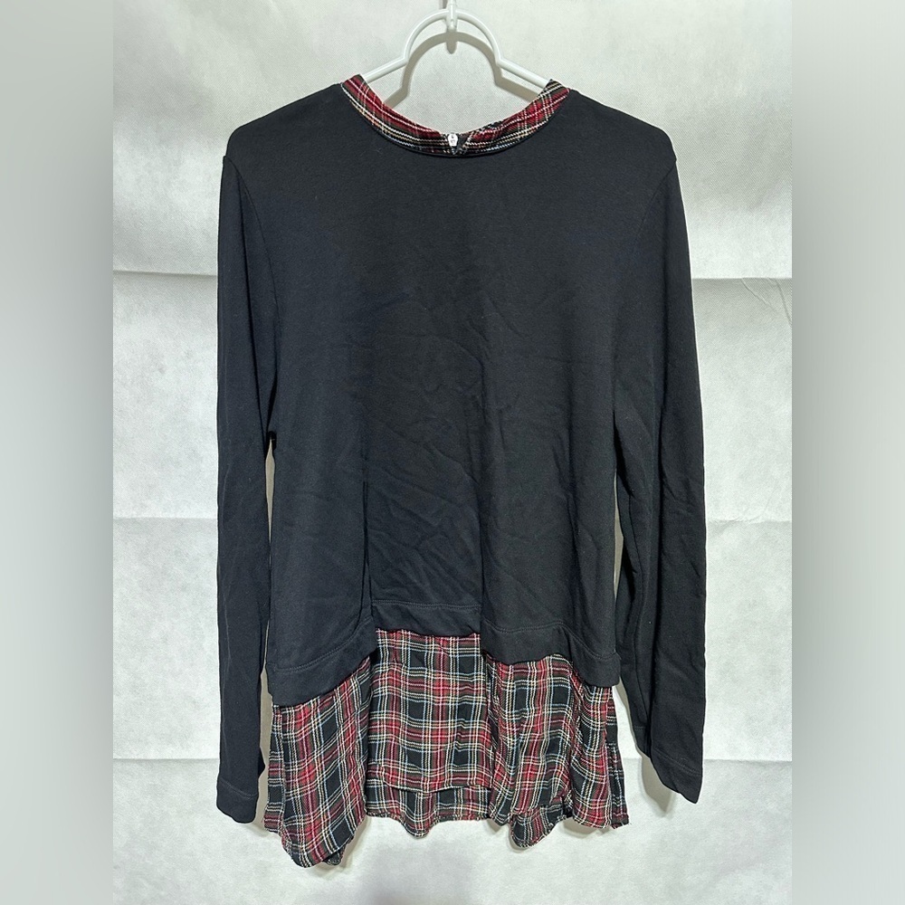 J Jill Top Women’s Sz L Black Long Sleeve Plaid Layered Holiday Christmas Tunic